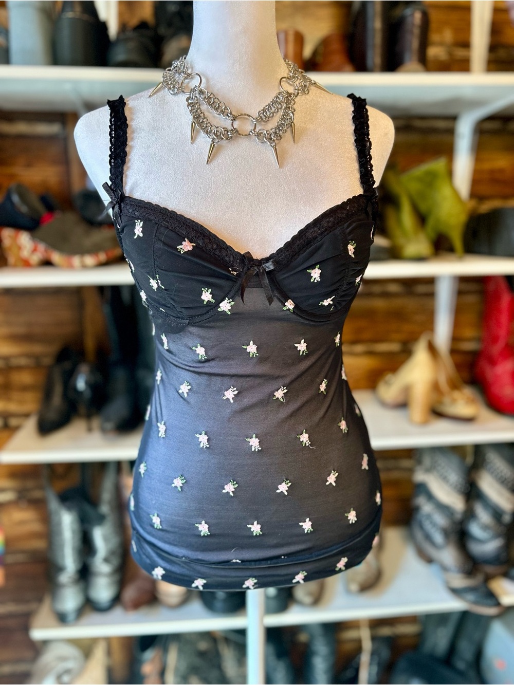 Vintage Rampage Black Mesh Teddy with Floral Embroidery – Medium